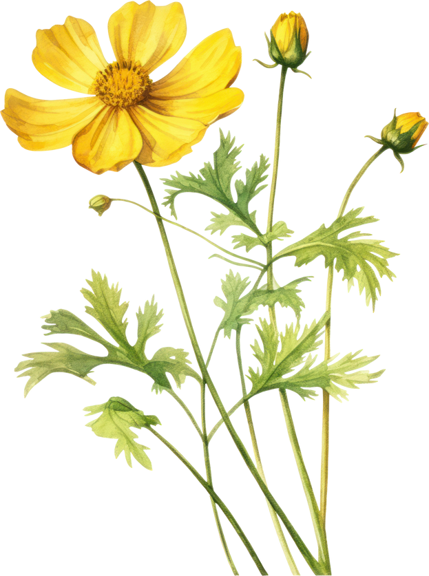 Yellow Cosmos flower isolated watercolor illustration.