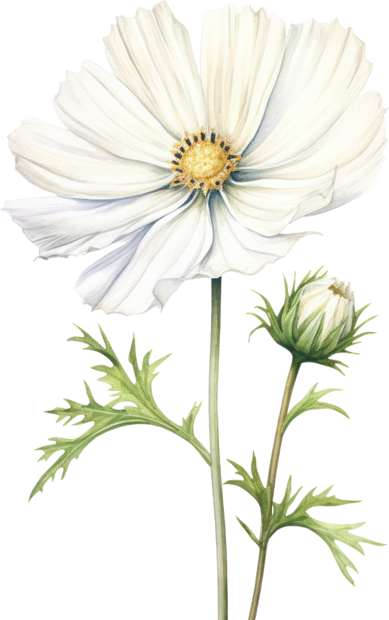 White Cosmos flower isolated watercolor illustration.